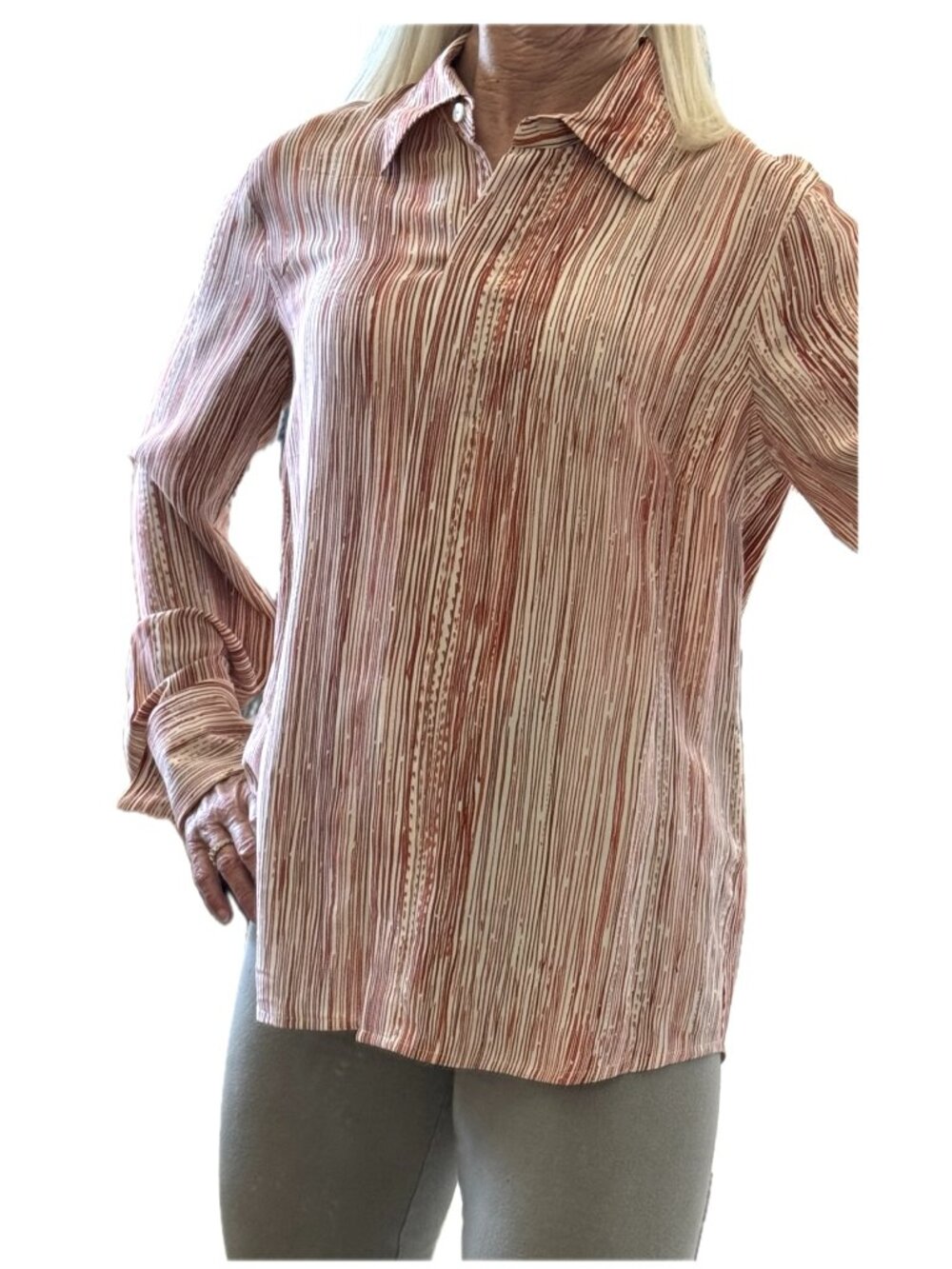 Vintage Silk Blouse Vertical Lines Red Rust Orange Barrie Pace French Cuff Sz 10